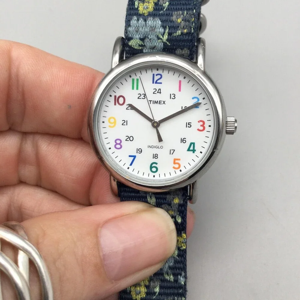 Timex Indiglo Womens Watch 31mm White Dial Blue Floral Nylon Strap New Battery
